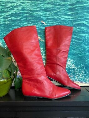 Vintage 80’s-90’s Champs Cherry Red Leather Mid-calf Fold-over Boots Brazil Made
